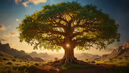 an old tree in the middle of a field,a tree with sunlight shining through the leaves and roots