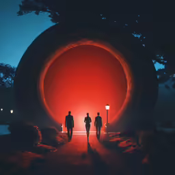 two people are standing at the end of a tunnel