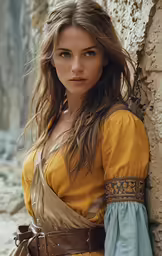 the beautiful girl is leaning on the stone wall