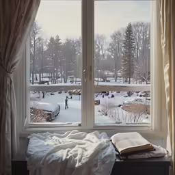 snow - covered park seen from window with book on table