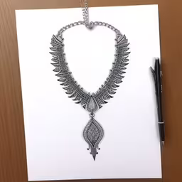 a necklace that is hanging from a clipboard,an artwork of a necklace on a card