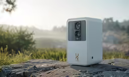 a camera sitting on the rock in front of some trees