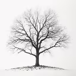 a tree in a snowy field with no leaves on it