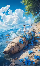 a beautiful view of water, with blue flowers and blue sky