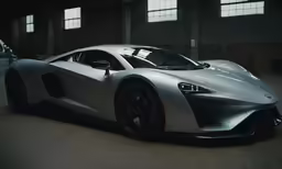 a very sleek car that is parked in an industrial building