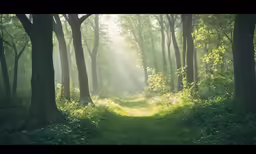 a light shines in the woods in an area full of trees