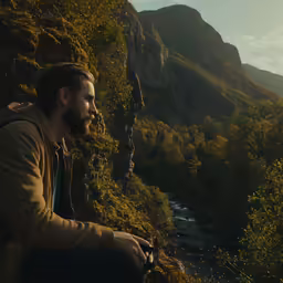 a man sitting on a cliff looking out over a mountain valley
