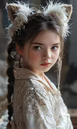 a girl wearing white dress sitting next to a wooden table