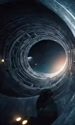 a person in a spaceship looking out to the stars