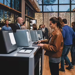 a woman at a computer store checking out computers