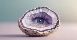 a piece of art with a piece of fruit shaped like an eye