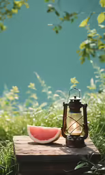 a watermelon slice sits on top of a table