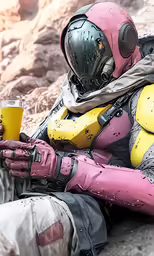 a female with some cups on her lap and wearing a suit and holding a drink