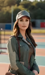 a woman wearing a hat and jacket posing on a court