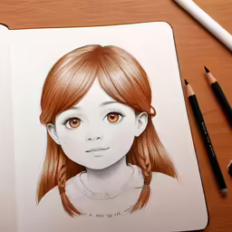 a drawing of a young girl with big orange eyes