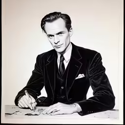 a black and white photo of a man in suit writing on paper