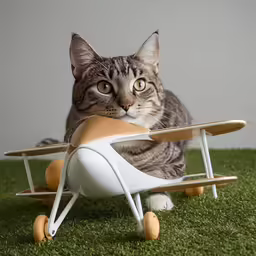 a cat is looking behind a toy airplane on the grass