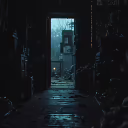 the inside of an alley with lights coming through the doorway