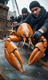 a man standing next to a crab in front of another person holding a gun