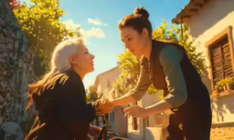 two people standing outside with one person petting the other