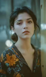 the young girl poses for the camera with her eyes closed