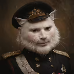 a white cat wearing an uniform while looking into the camera