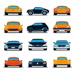 a collection of six retro car silhouettes in an orange and blue style,a set of different color and shape cars on a white background
