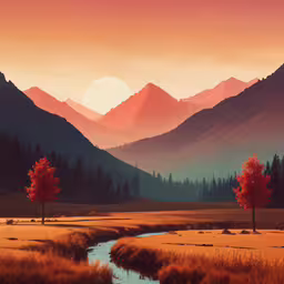 a painting shows the mountains and rivers at dusk,an oil painting of a valley with a river in it