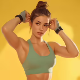 a woman is holding her arms up with both hands