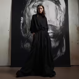 a woman wearing a long black skirt in front of a photo