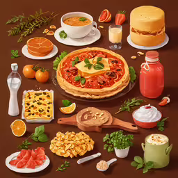 a close up view of a meal on a brown surface,a painting of food items including fruit and drinks