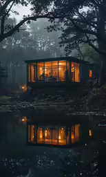 a boat that has people on it with windows and lights