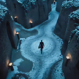 there is snow on the ground and one person in a black coat