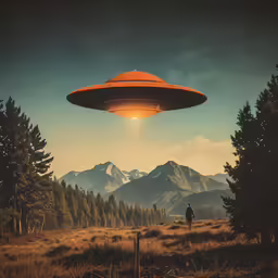 a person standing under a flying saucer in the middle of a forest