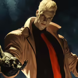 a man in brown jacket holding a baseball bat