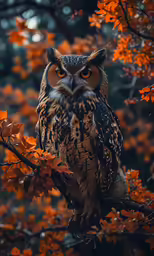 an owl perched on a branch with a yellow leaves in the background
