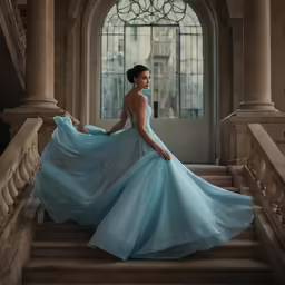 woman wearing a long blue dress sitting on steps with stairs