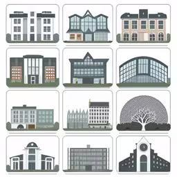 some buildings that are all on a white background,six different architectural buildings with trees in the middle