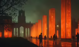 several people standing around tall columns in the dark