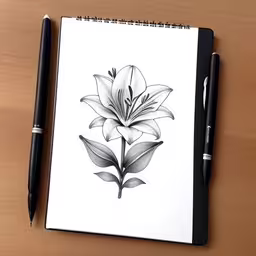 a drawing of a lily with the image in black and white,there is a flower drawing on a notepad,a white flower sitting on top of a wooden desk,a pen sits next to a drawing of a flower,a pen on a note pad next to a flower