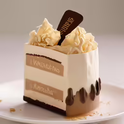 a square dessert dish with chocolate icing and whipped cream