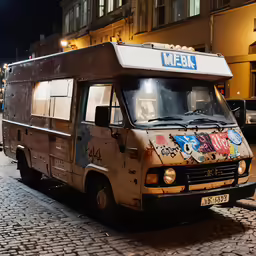a brown and white van parked on the side of a road