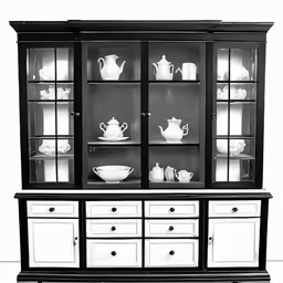 the shelves in the hutch are glass front