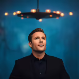 a man in black shirt and suit and lights over head