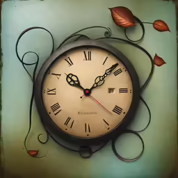 an ornate clock with vines and leaves on the outside