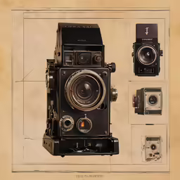 vintage cameras with old paper on top of them