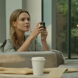 a woman is sitting at a table taking a picture
