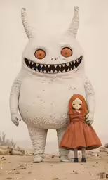 a girl standing with her head in a giant monster toy
