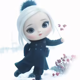 a little doll dressed in black holding flowers