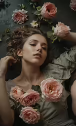 woman laying down on the ground surrounded by flowers